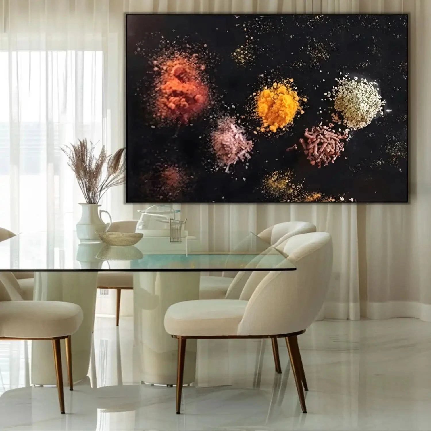 Explosion d’épices abstraite: paprika rouge, curcuma jaune, sel rose et graines blanches sur fond noir; œuvre mystérieuse.