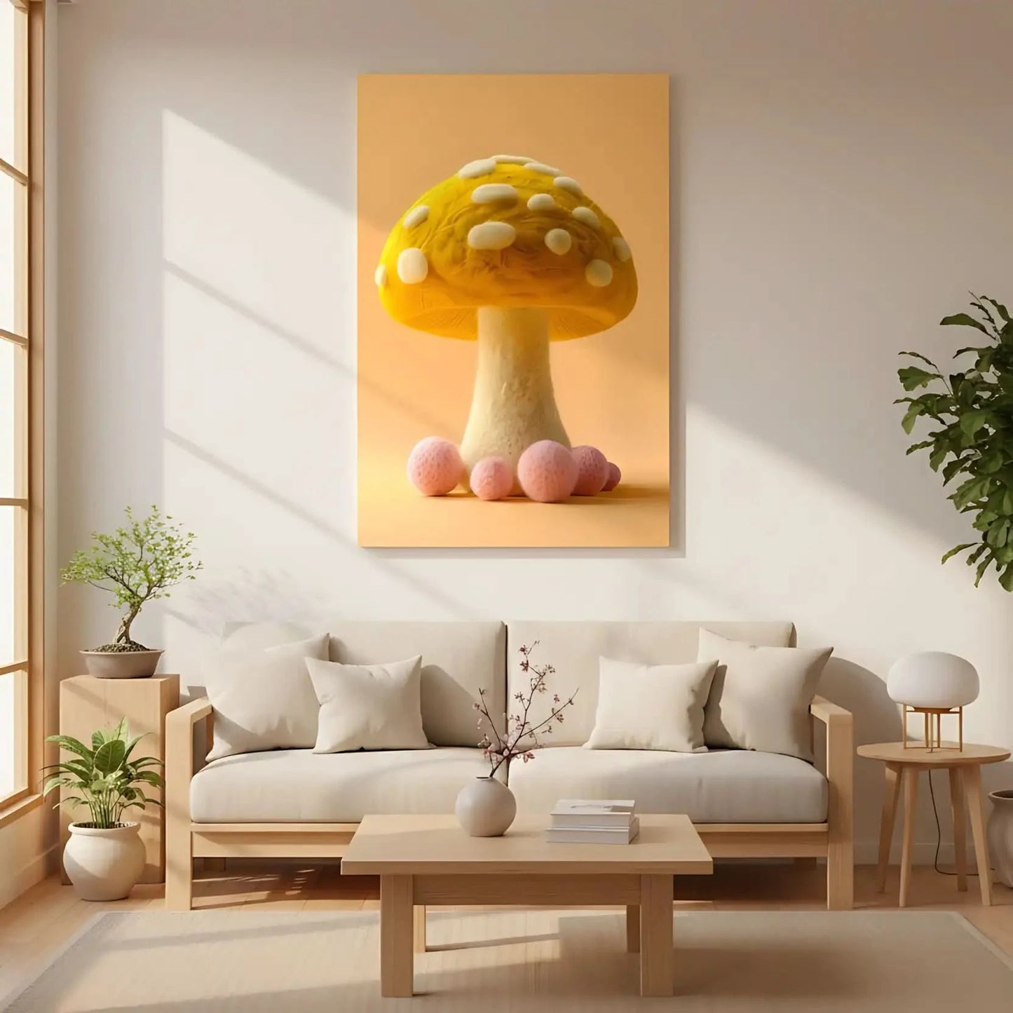Illustration d'un champignon doux et coloré avec des formes arrondies et des textures apaisantes, créant une atmosphère sereine.