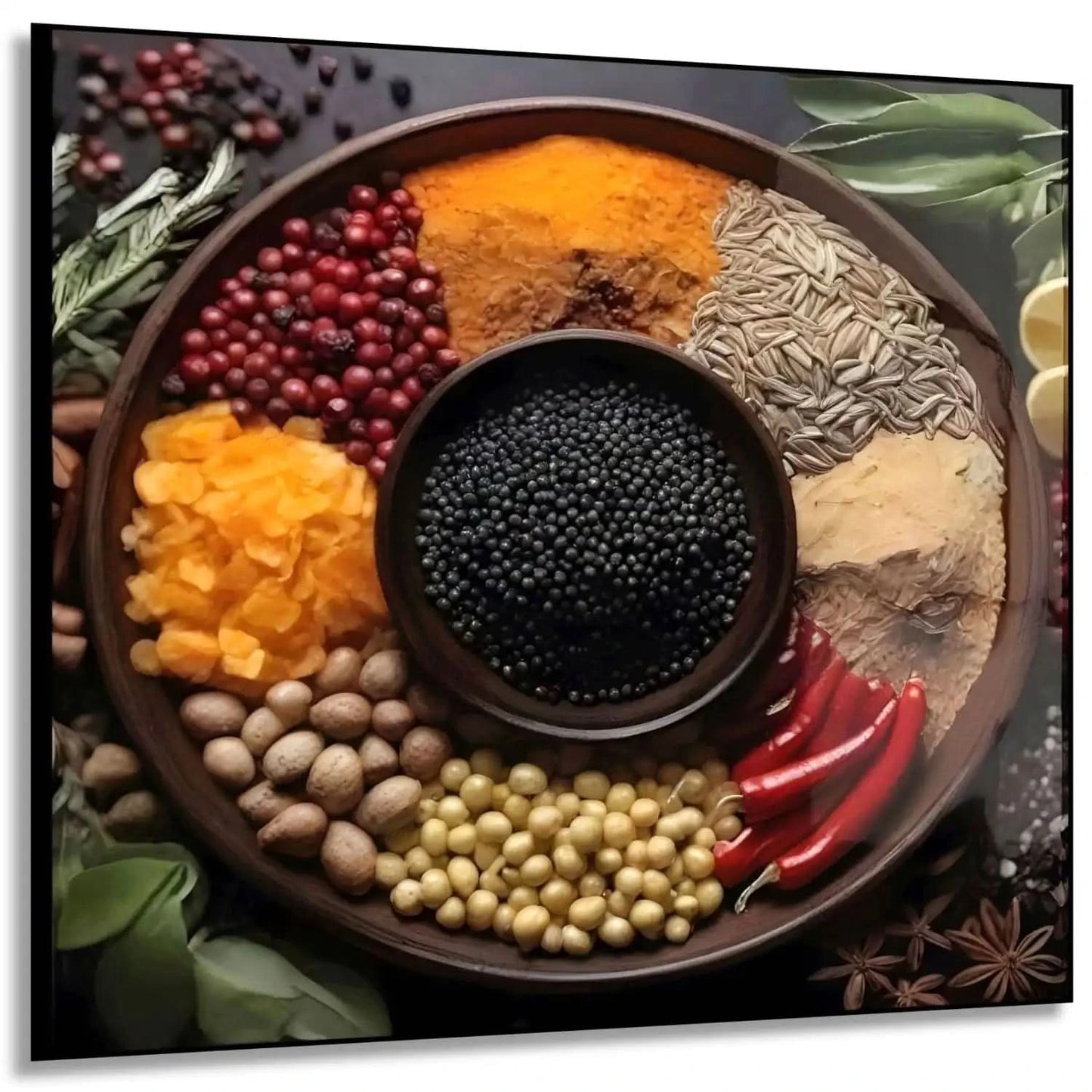 Assortiment d'épices colorées en cercle, rouges profonds, jaunes éclatants, noirs intenses, ambiance chaleureuse et exotique.