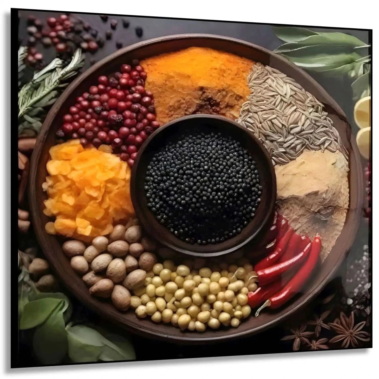 Assortiment d'épices colorées en cercle, rouges profonds, jaunes éclatants, noirs intenses, ambiance chaleureuse et exotique.