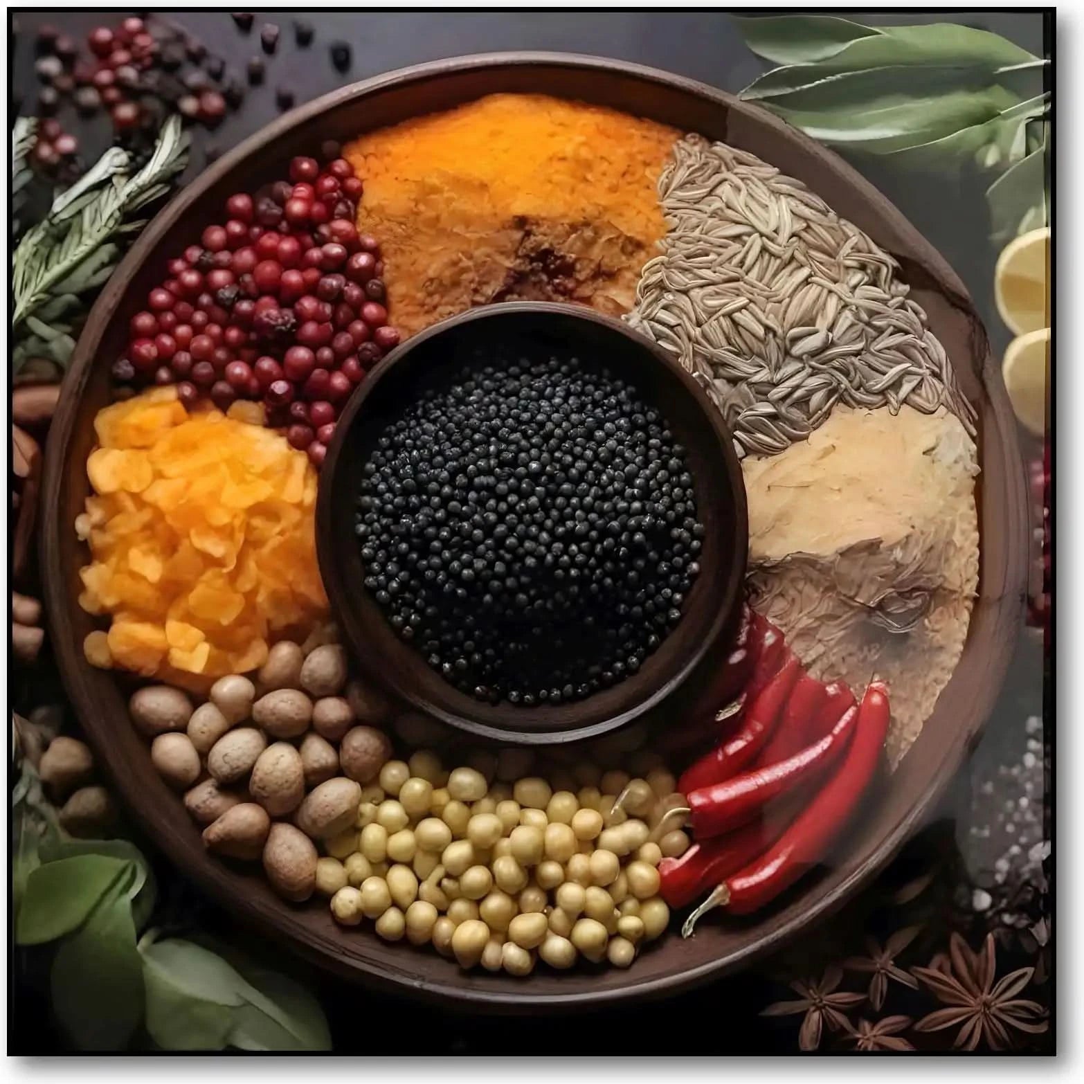 Assortiment d'épices colorées en cercle, rouges profonds, jaunes éclatants, noirs intenses, ambiance chaleureuse et exotique.