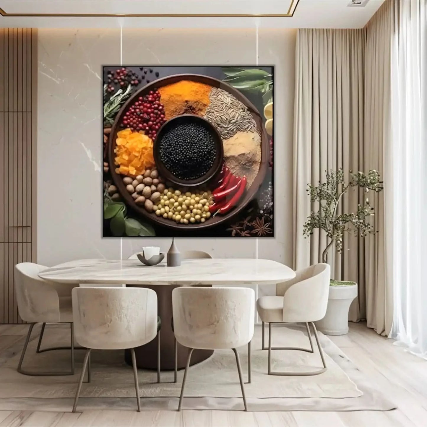 Assortiment d'épices colorées en cercle, rouges profonds, jaunes éclatants, noirs intenses, ambiance chaleureuse et exotique.