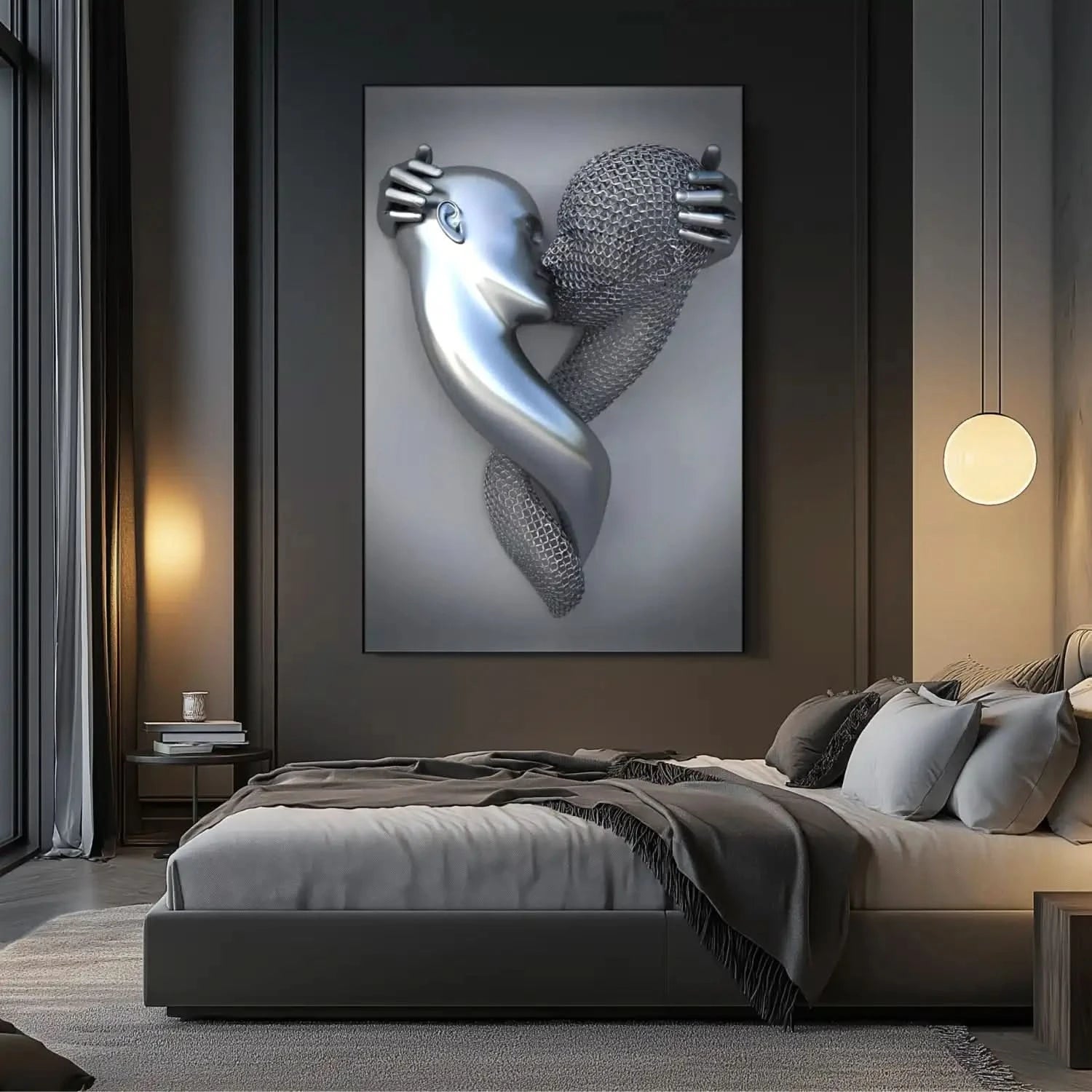 Deux visages s'embrassent, l'un argenté, l'autre en maille, dans une toile abstraite évoquant passion et sérénité.