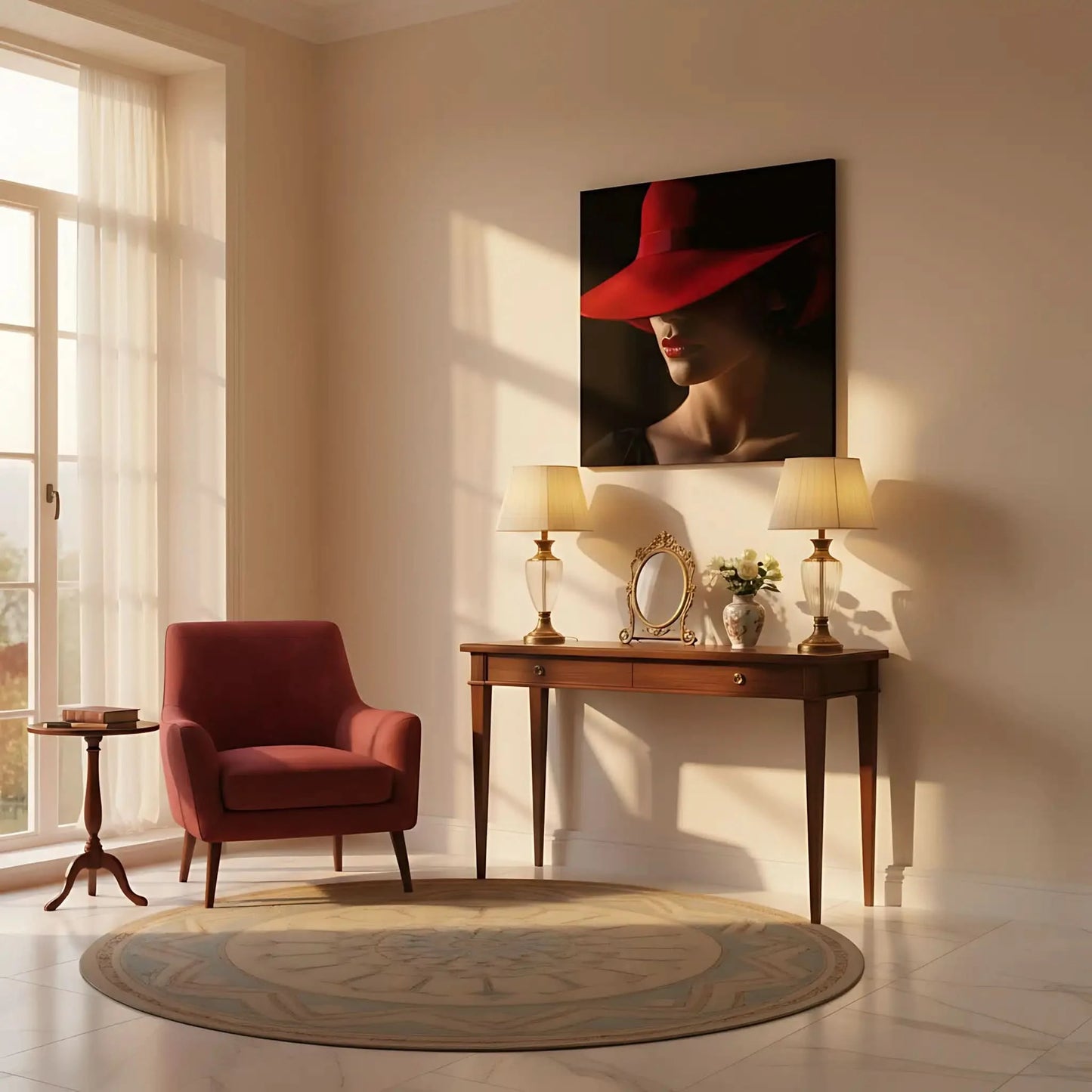 Portrait d'une femme avec un chapeau rouge, accentuant ses lèvres rouges et créant une ambiance mystérieuse et élégante, idéale pour un espace moderne.