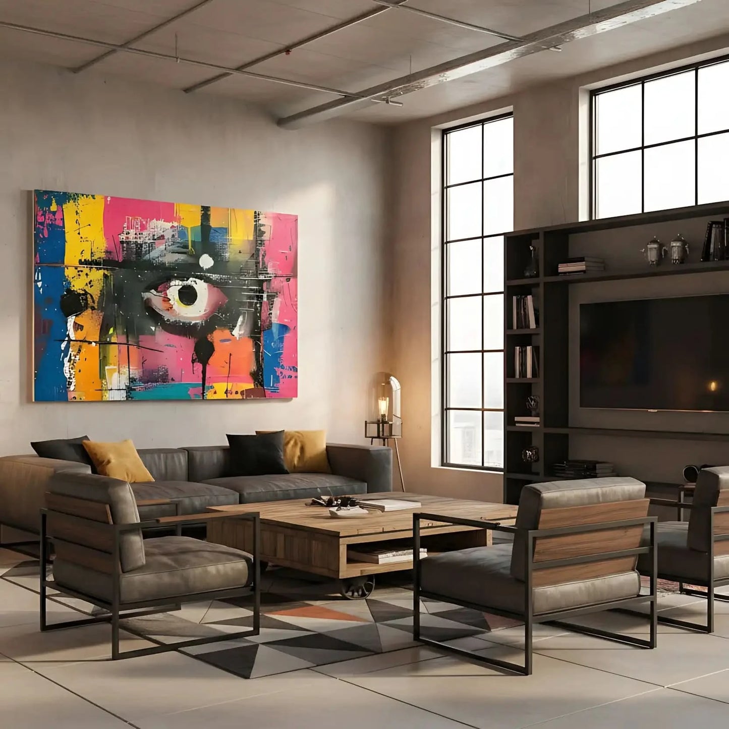 Oeil abstrait avec des couleurs vives de bleu, jaune et rose, évoquant passion et mystère, parfait pour les salons modernes et un décor contemporain