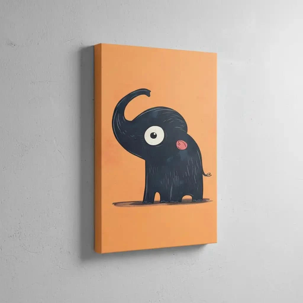 Illustration d'un éléphant mignon avec une grande oreille et une queue enroulée, sur fond orange, idéale pour une chambre enfantine.