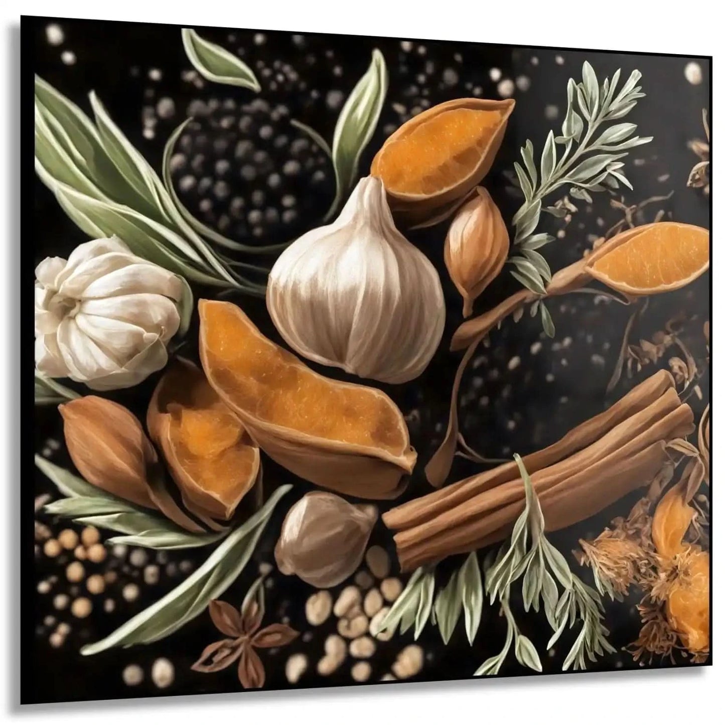 Nature morte avec épices et herbes, teintes orange et brun sur fond noir, ambiance chaleureuse pour cuisine ou salon.