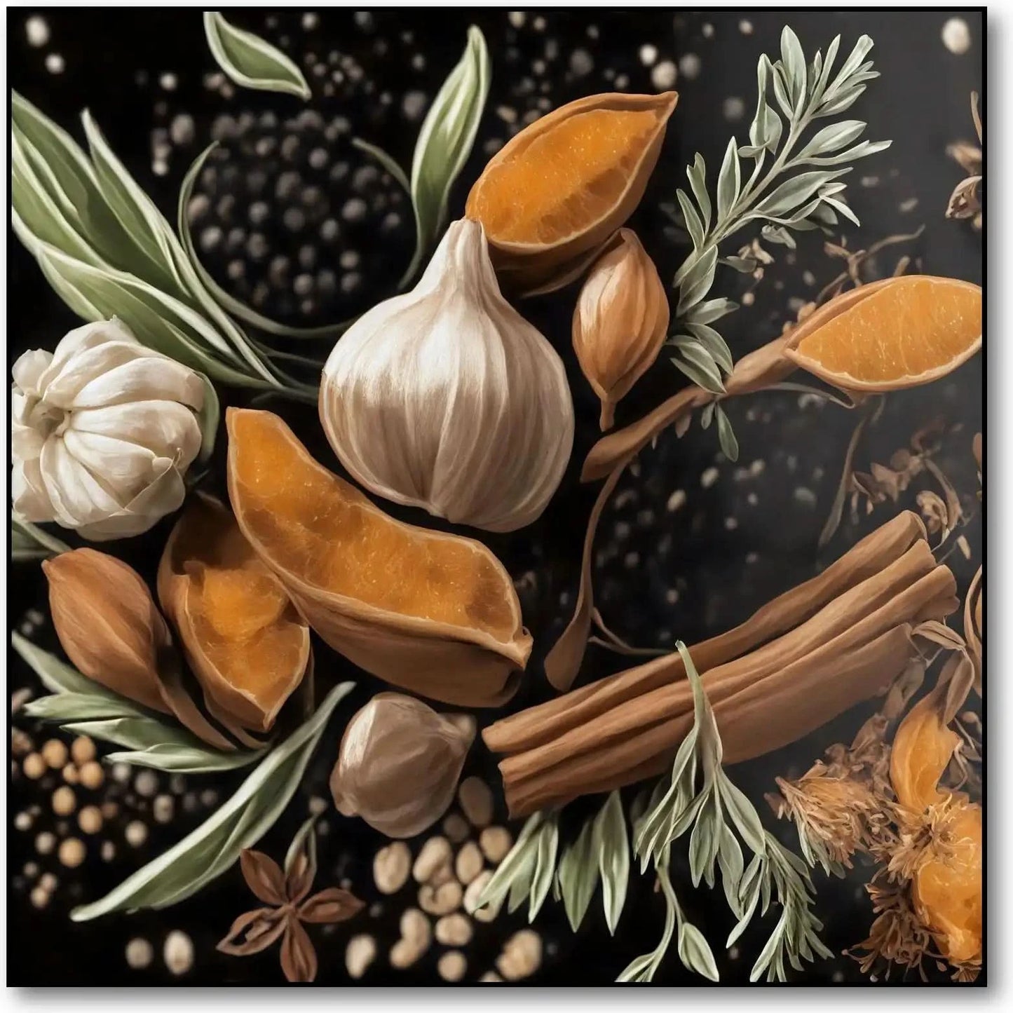 Nature morte avec épices et herbes, teintes orange et brun sur fond noir, ambiance chaleureuse pour cuisine ou salon.