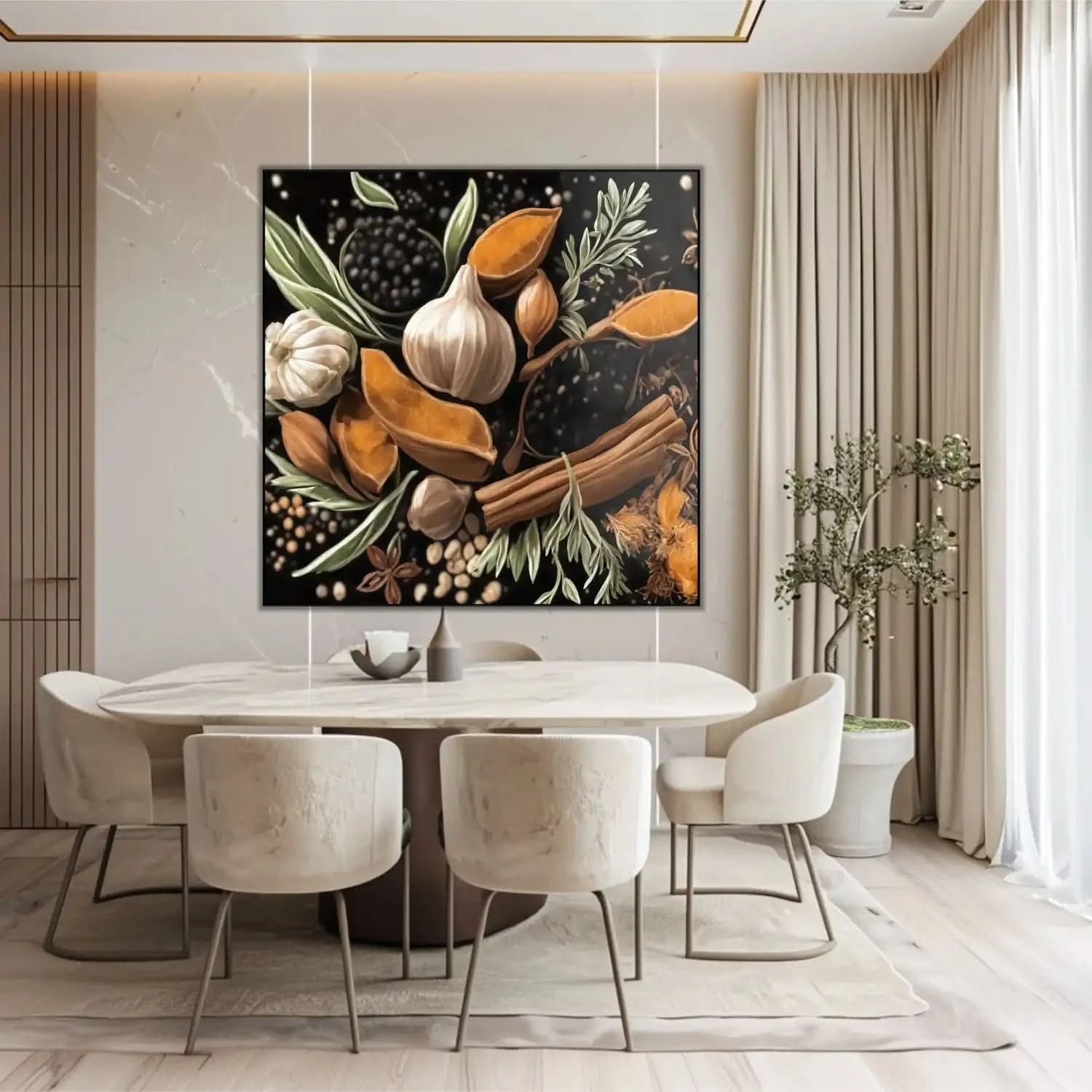 Nature morte avec épices et herbes, teintes orange et brun sur fond noir, ambiance chaleureuse pour cuisine ou salon.