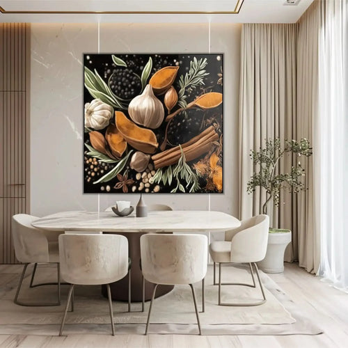 Nature morte avec épices et herbes, teintes orange et brun sur fond noir, ambiance chaleureuse pour cuisine ou salon.