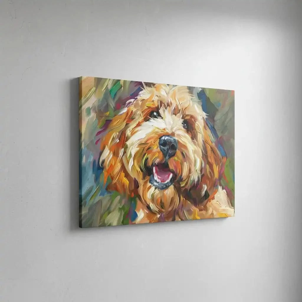 Un portrait vibrant d'un chien joyeux avec des coups de pinceau dynamiques dans des tons chauds, parfait pour ajouter une touche de gaieté.