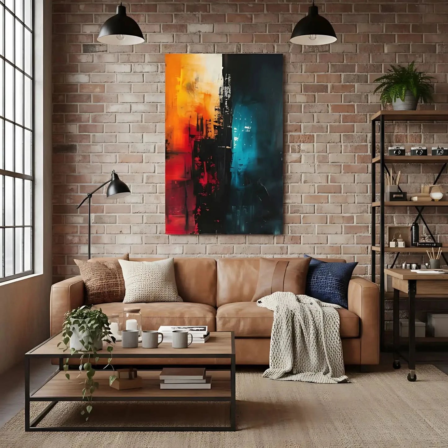 Peinture abstraite avec des éclats de couleurs chaudes et froides, créant une ambiance contrastée, idéale pour un salon moderne.