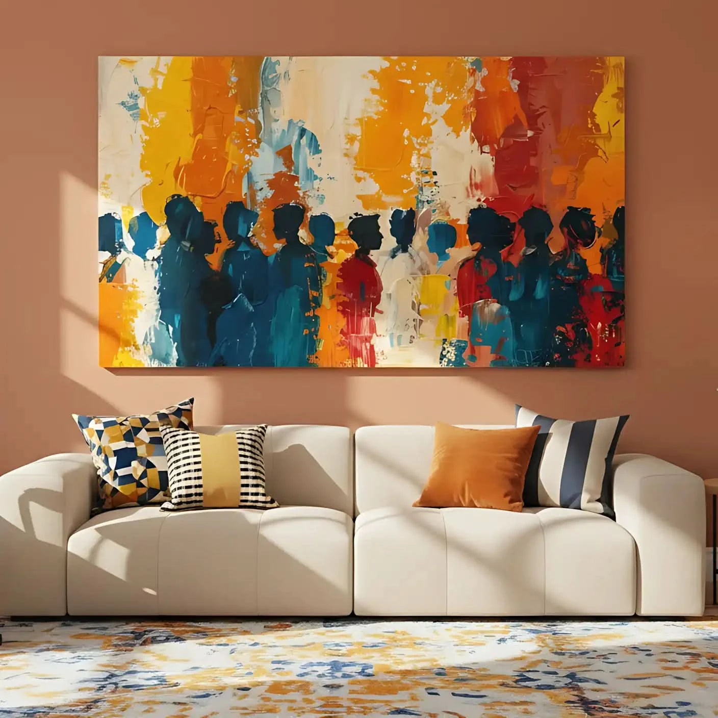 Un groupe de silhouettes colorées dans une explosion de couleurs vives, parfait pour apporter une touche dynamique à votre salon ou bureau.