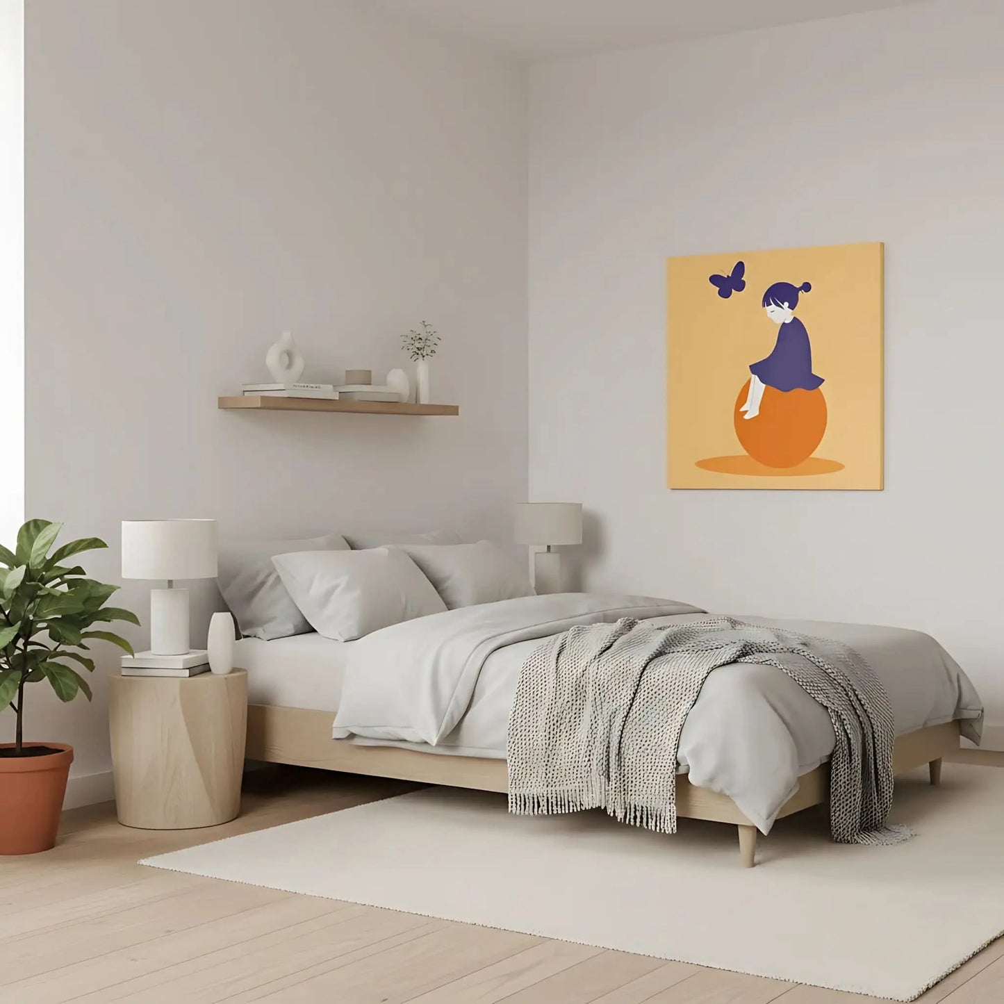 Illustration d'une enfant sereine et de papillons flottants, ajoutant une touche de calme et de légèreté à l'espace.