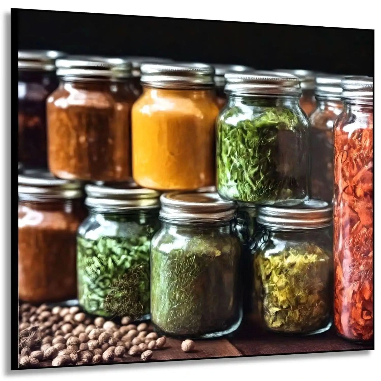 Bocaux en verre avec épices colorées, nuances de jaune, vert et rouge, ambiance chaleureuse pour cuisine ou espace de restaurant.