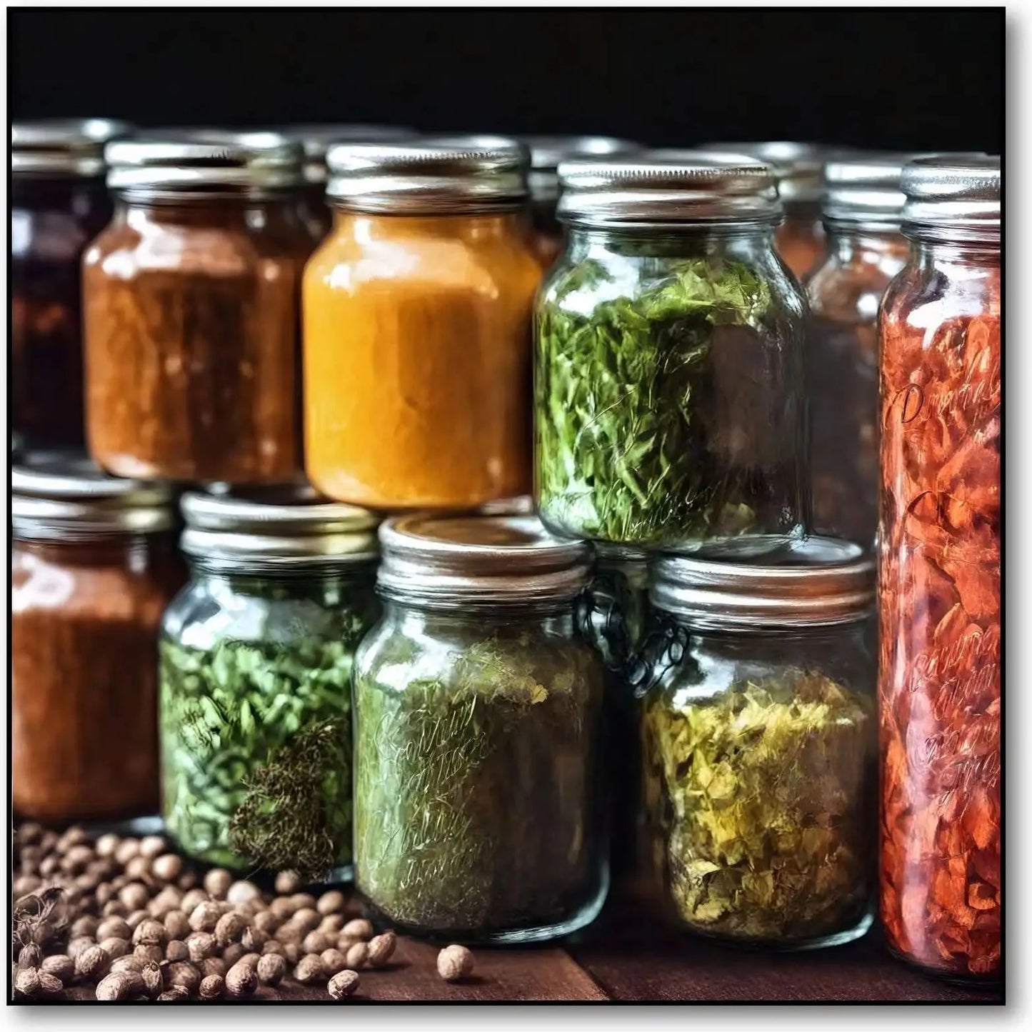 Bocaux en verre avec épices colorées, nuances de jaune, vert et rouge, ambiance chaleureuse pour cuisine ou espace de restaurant.