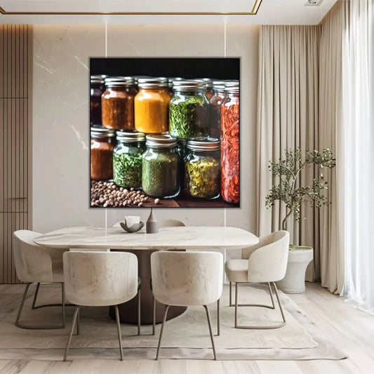 Bocaux en verre avec épices colorées, nuances de jaune, vert et rouge, ambiance chaleureuse pour cuisine ou espace de restaurant.