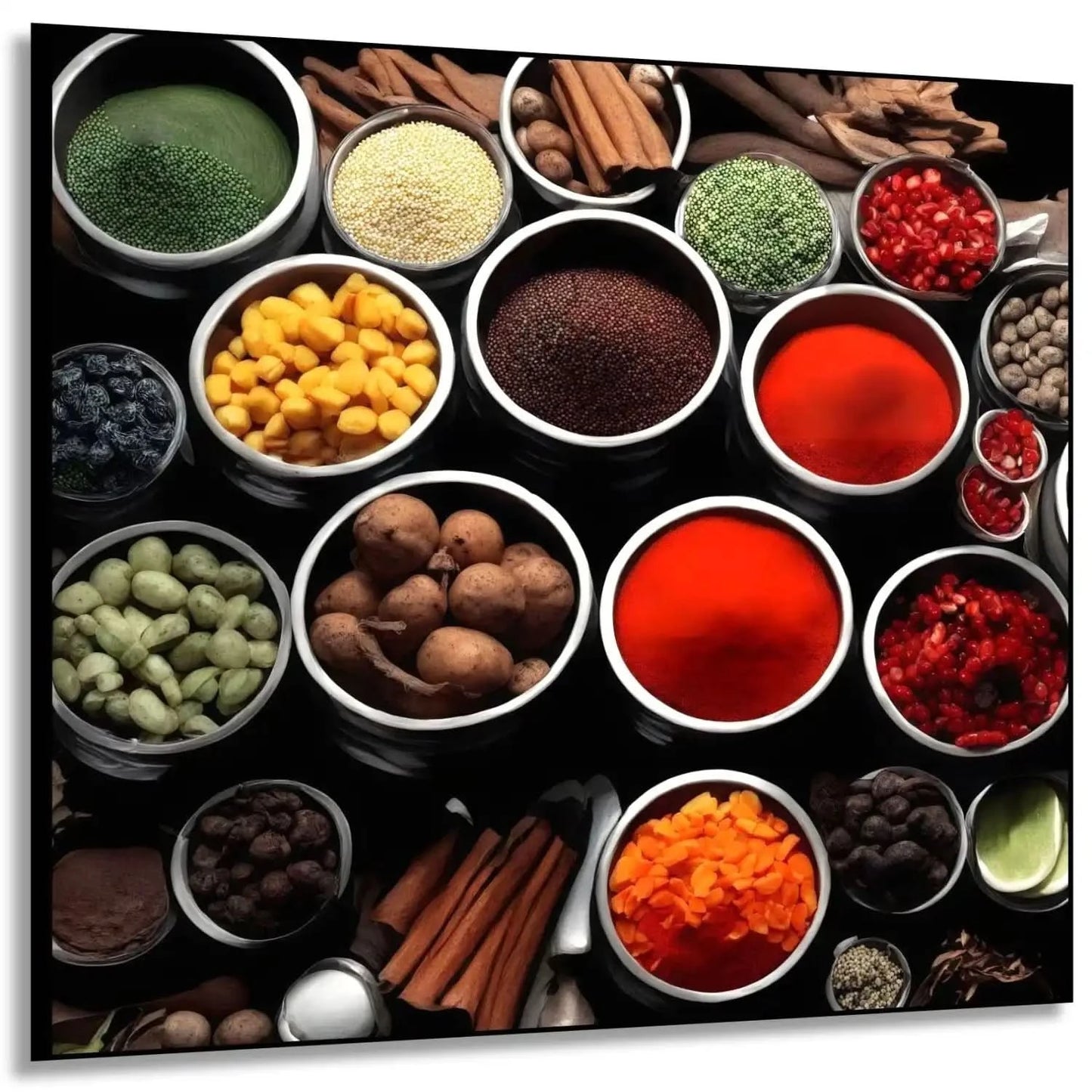 Collection de bols d'épices aux couleurs vibrantes, rouges, verts et jaunes, ambiance chaleureuse pour cuisine moderne.