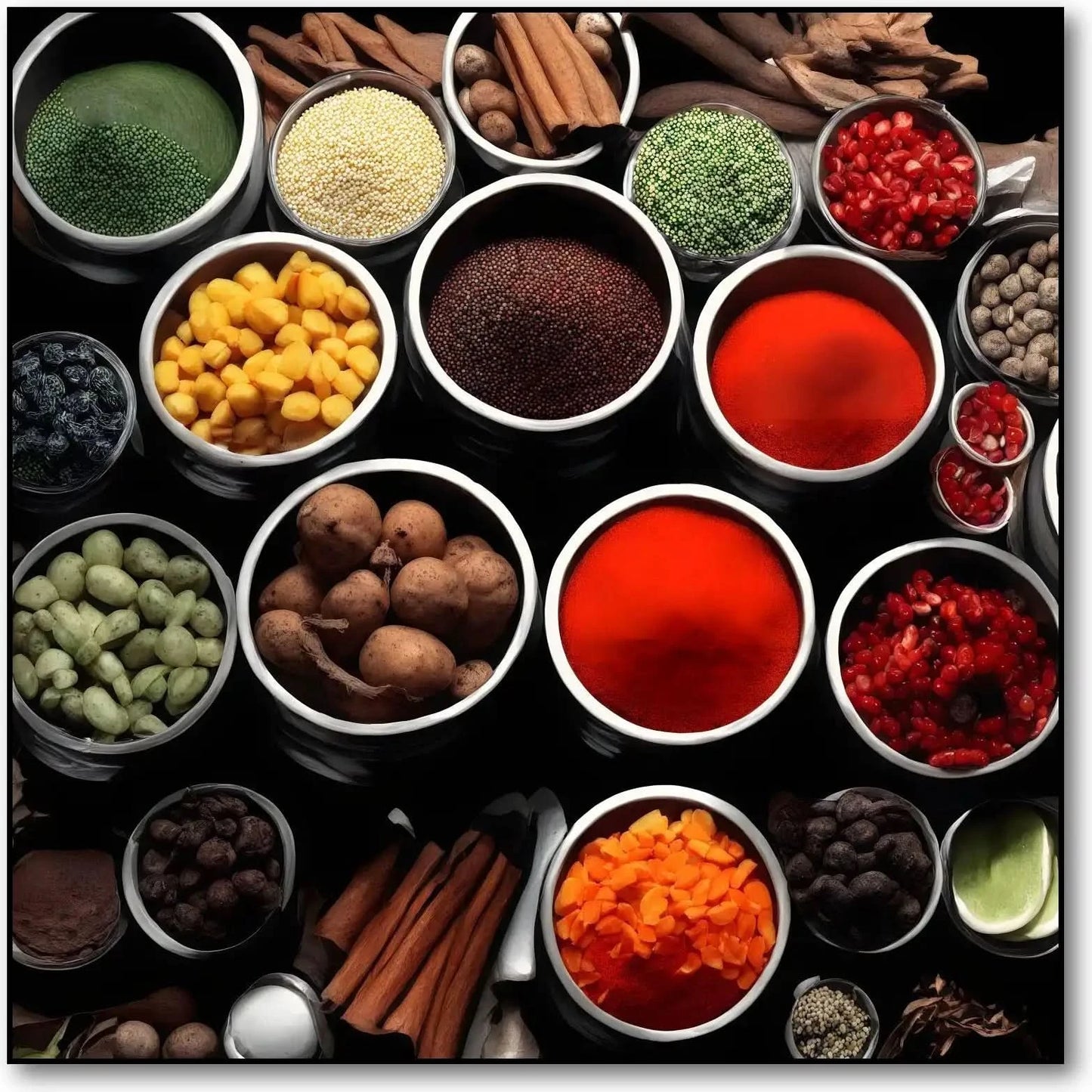 Collection de bols d'épices aux couleurs vibrantes, rouges, verts et jaunes, ambiance chaleureuse pour cuisine moderne.