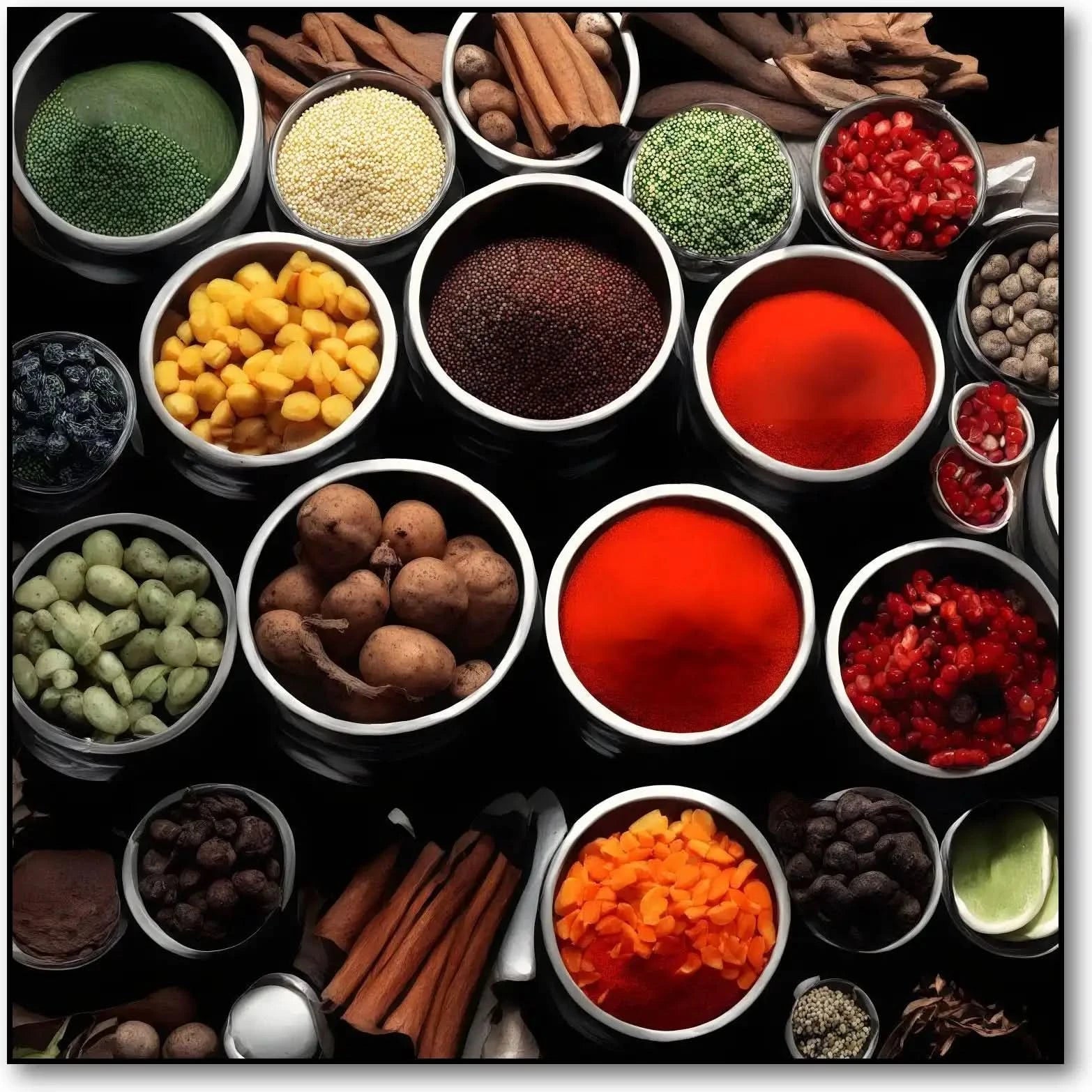 Collection de bols d'épices aux couleurs vibrantes, rouges, verts et jaunes, ambiance chaleureuse pour cuisine moderne.