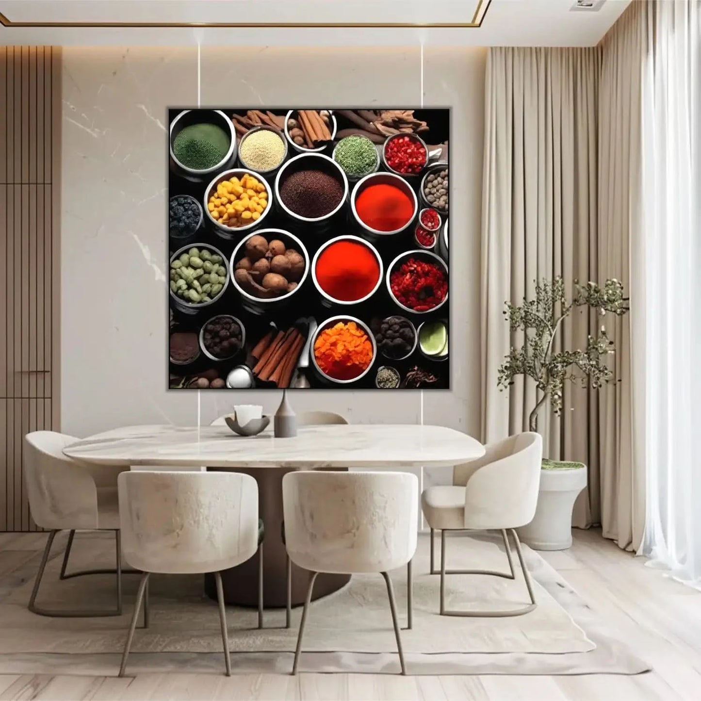 Collection de bols d'épices aux couleurs vibrantes, rouges, verts et jaunes, ambiance chaleureuse pour cuisine moderne.