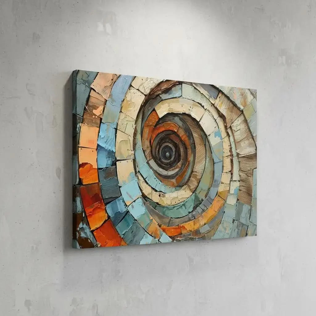 Spirale abstraite de formes géométriques en bleu, orange et beige, créant une sensation de mouvement fluide et une ambiance apaisante, parfaite pour un espace moderne.