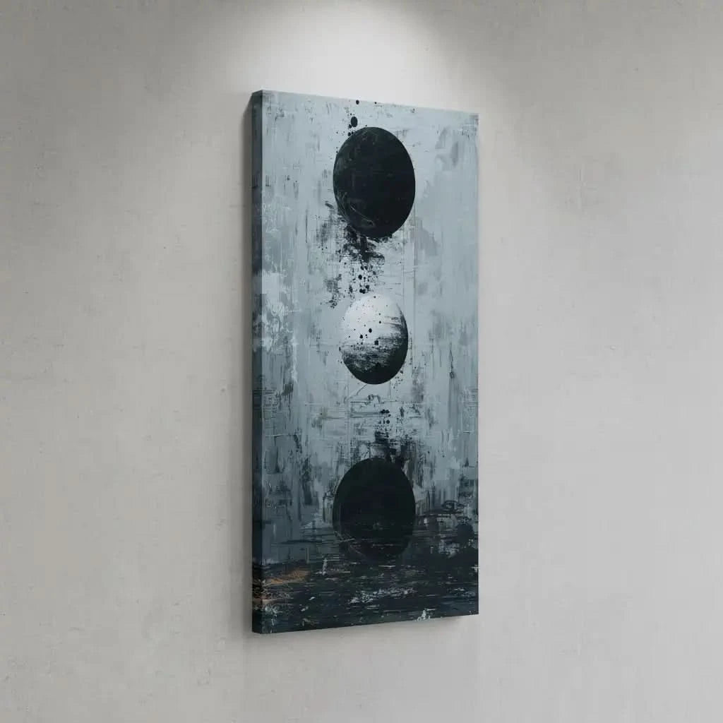 Trois sphères flottantes sur un fond abstrait gris et noir, créant une atmosphère mystérieuse et cosmique, parfaite pour un salon.