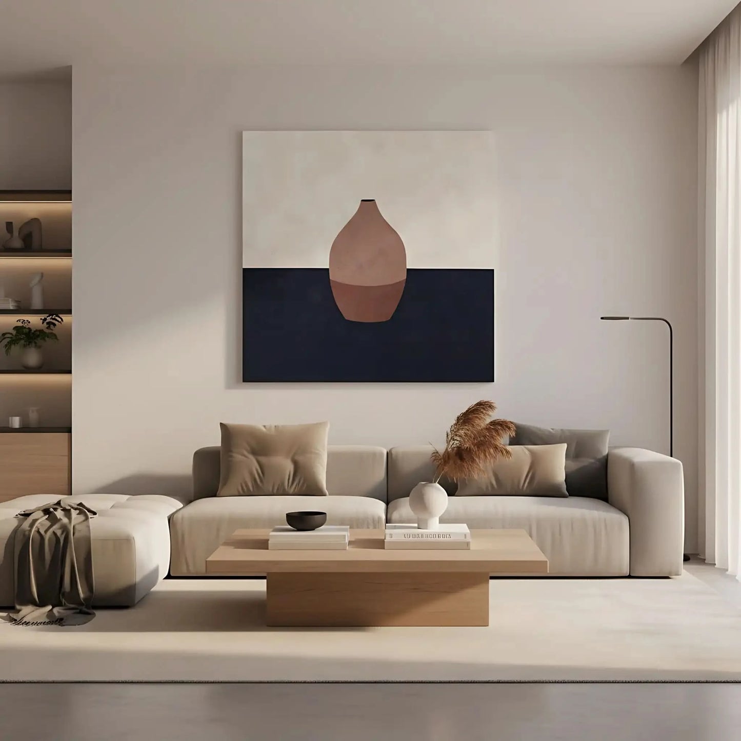 Tableau minimaliste avec vase en terre cuite sur fond contrasté. Élégant et apaisant, idéal pour un salon moderne.