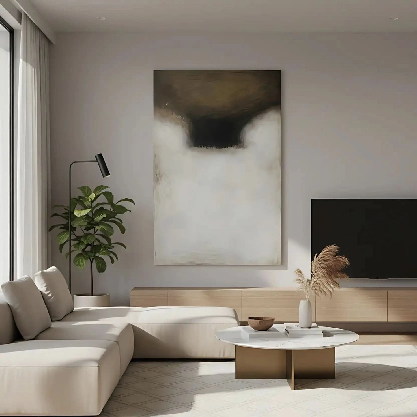 Tableau abstrait en tons beige et brun avec ombres profondes. Atmosphère mystique, idéal pour un salon moderne.