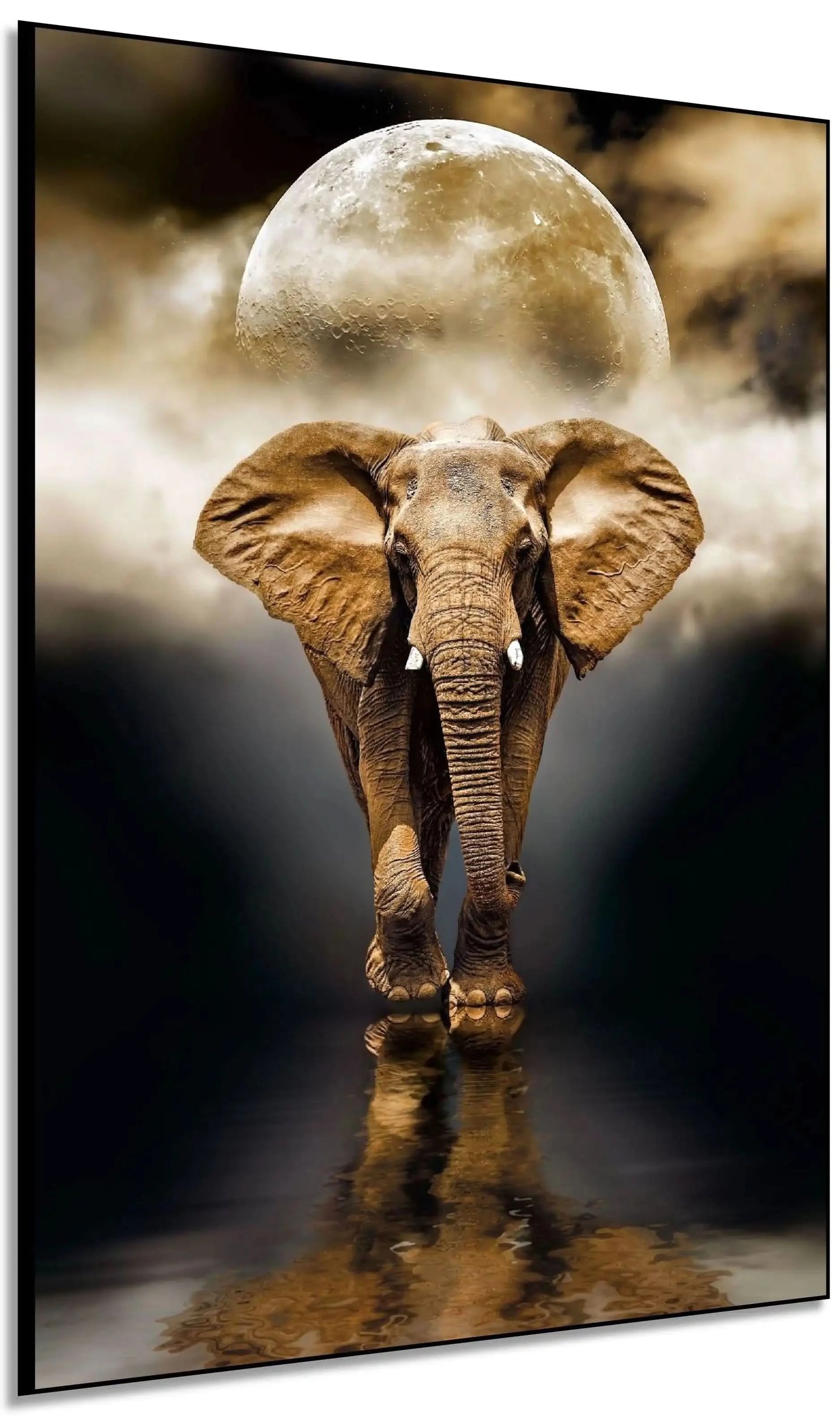 Éléphant majestueux marchant dans l'eau sous une pleine lune dorée, avec reflet et ambiance mystique, tons bruns et noirs.