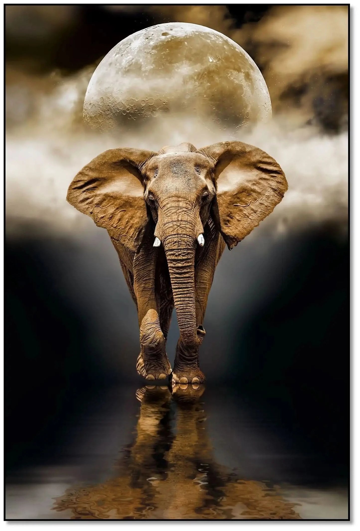 Éléphant majestueux marchant dans l'eau sous une pleine lune dorée, avec reflet et ambiance mystique, tons bruns et noirs.