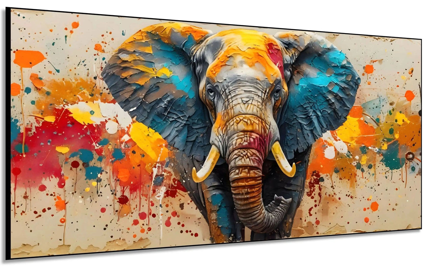 Toile d'un éléphant aux couleurs éclatantes, bleu profond, orange vif, rouge incandescent, énergie dynamique pour salon modern.