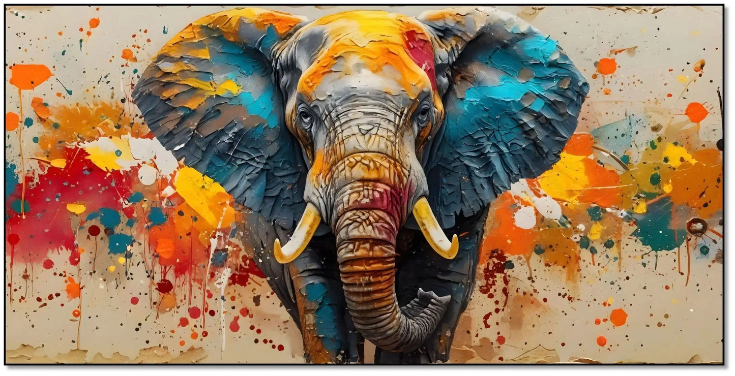 Toile d'un éléphant aux couleurs éclatantes, bleu profond, orange vif, rouge incandescent, énergie dynamique pour salon modern.