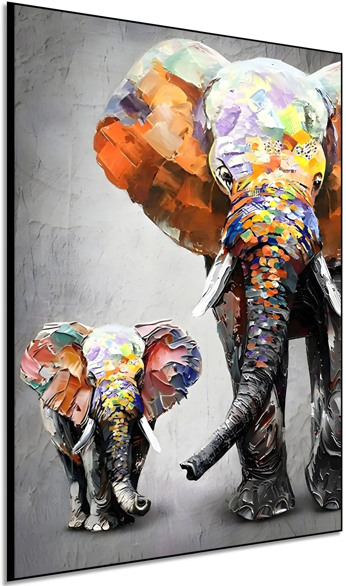 Peinture d'éléphants aux couleurs vibrantes, texture épaisse, ambiance joyeuse pour salon moderne ou chambre d'enfant.