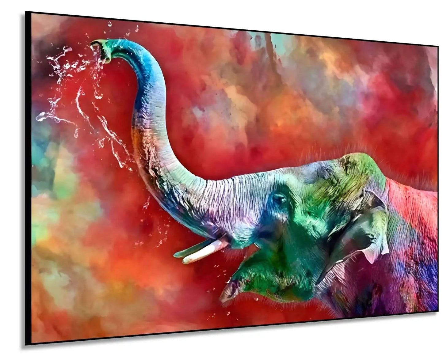 Éléphant aux couleurs arc-en-ciel éclaboussant d'eau, ambiance dynamique et colorée pour salon moderne ou bureau.