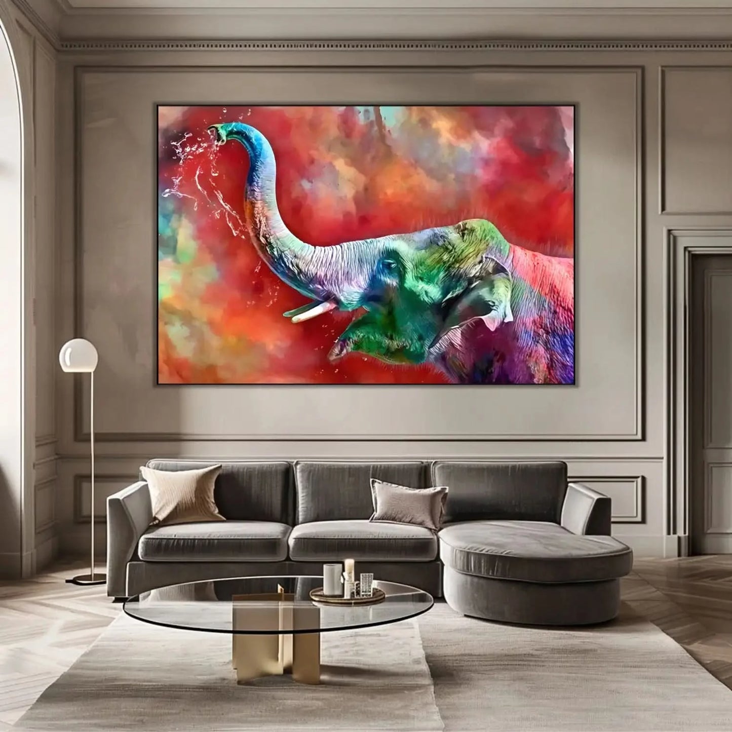Éléphant aux couleurs arc-en-ciel éclaboussant d'eau, ambiance dynamique et colorée pour salon moderne ou bureau.