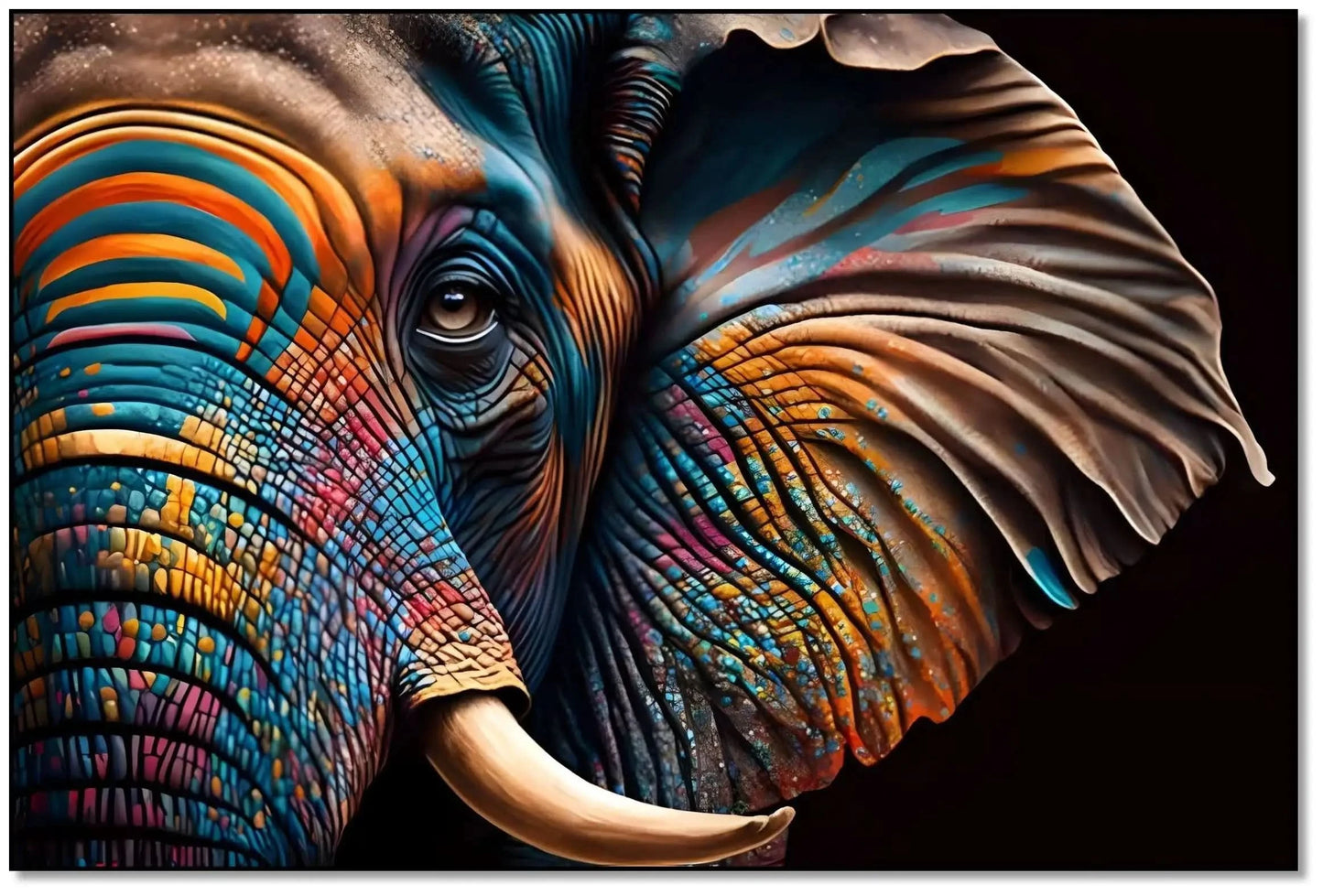 Éléphant stylisé avec motifs géométriques, couleurs vibrantes bleu, orange et jaune, ambiance énergique pour salon moderne.