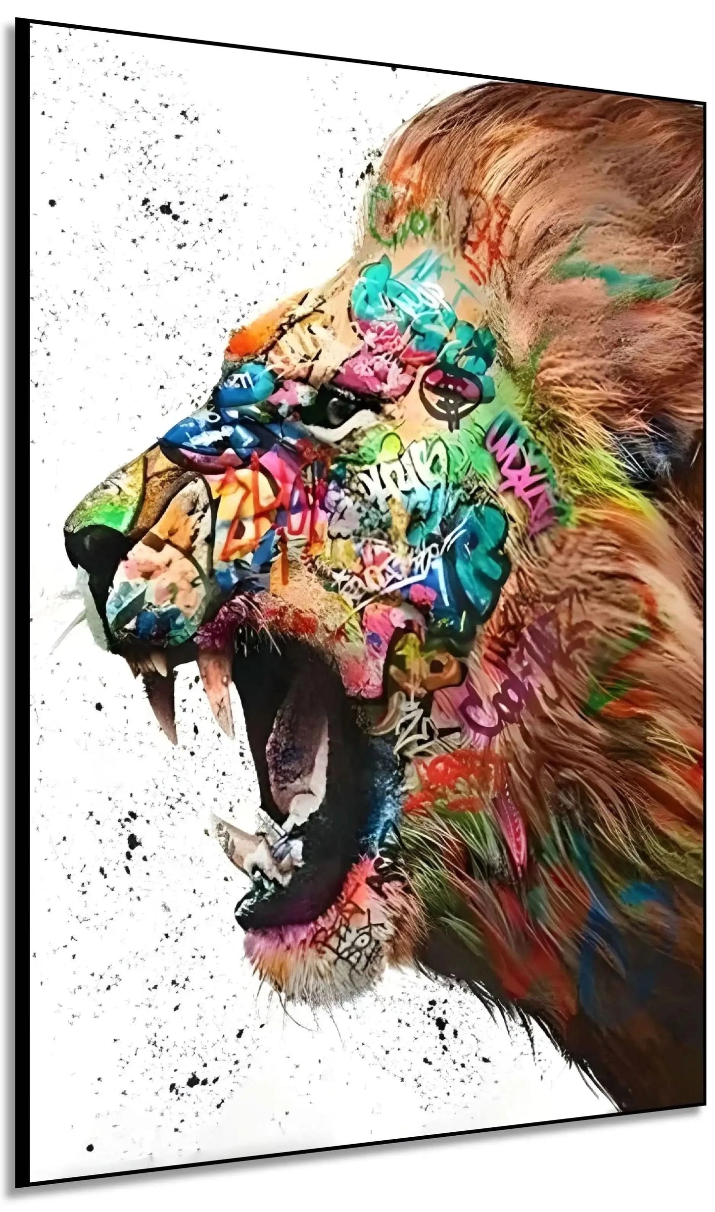 Lion majestueux en street art, crinière multicolore, énergie urbaine pour salon moderne ou bureau créatif.
