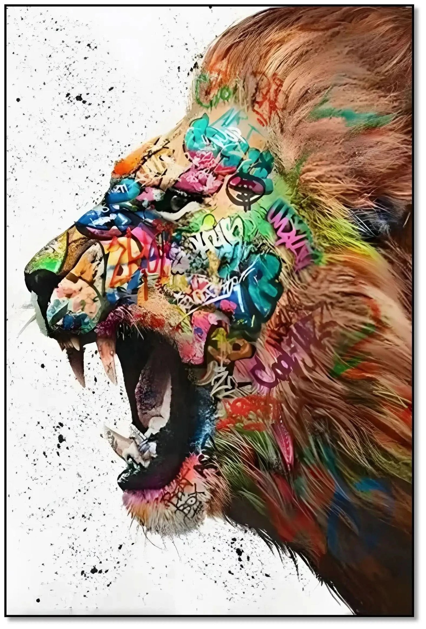 Lion majestueux en street art, crinière multicolore, énergie urbaine pour salon moderne ou bureau créatif.