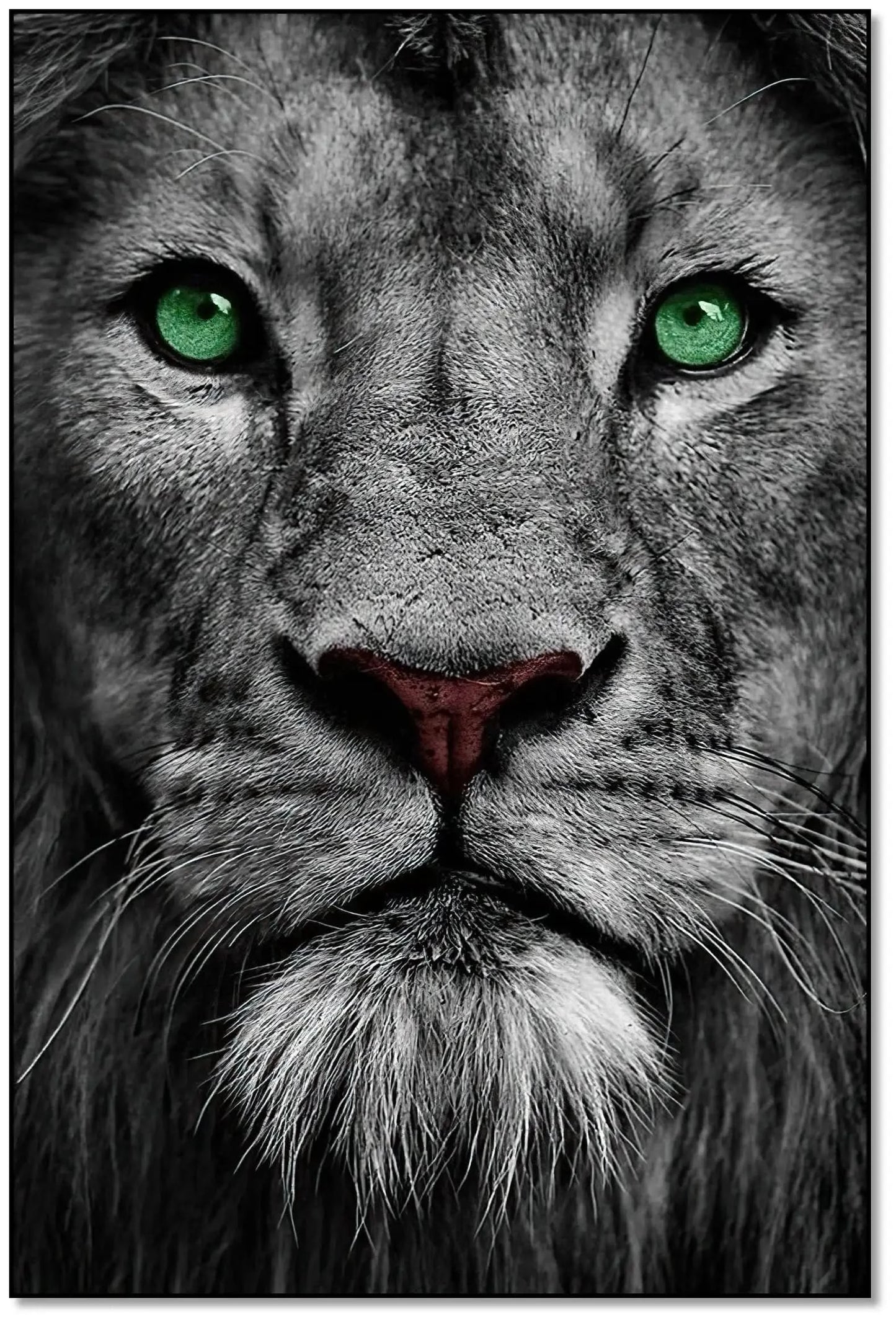 Portrait de lion en noir et blanc avec yeux verts émeraude, ambiance puissante et mystérieuse pour salon ou bureau.