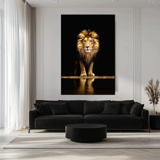 Tableau d'un lion majestueux sur fond noir, crinière dorée, ambiance puissante et mystérieuse pour salon ou bureau.