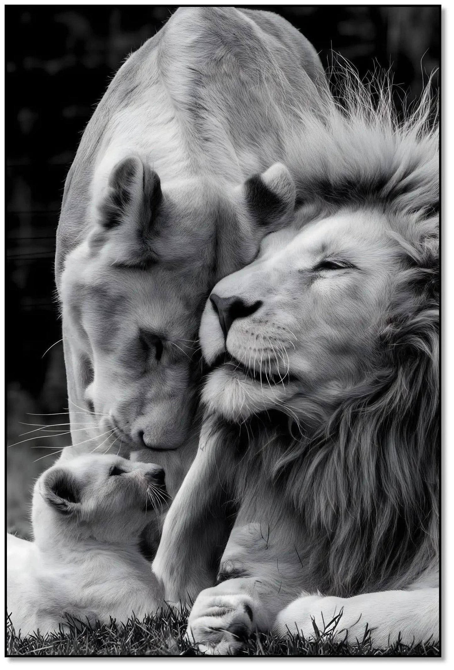 Scène en noir et blanc d'une famille de lions, tendresse et harmonie, ambiance sereine pour salon ou bureau.