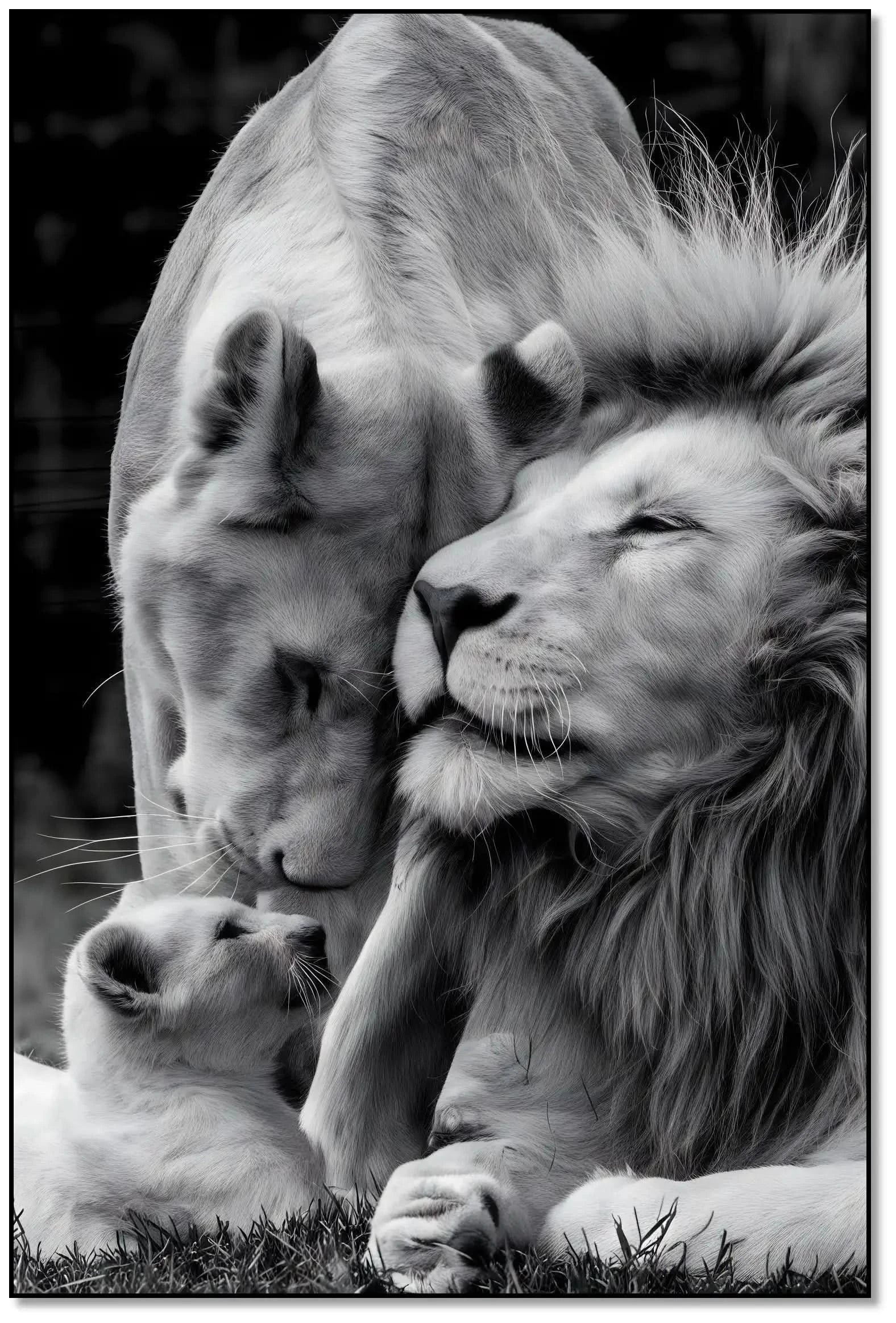 Scène en noir et blanc d'une famille de lions, tendresse et harmonie, ambiance sereine pour salon ou bureau.