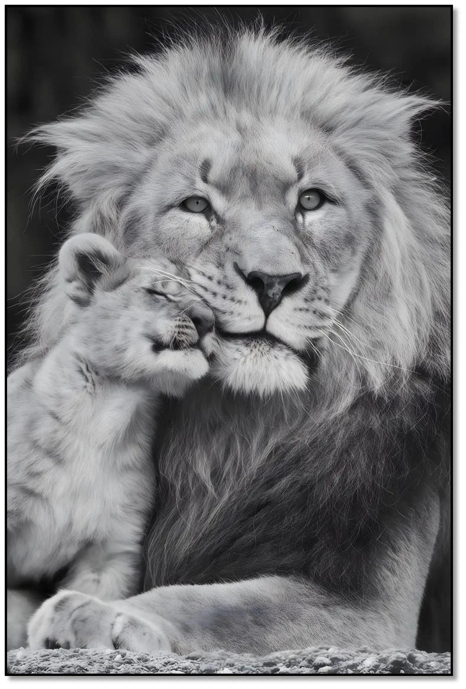 Portrait en noir et blanc d'un lion et son lionceau, tendresse animale, ambiance sereine pour salon ou bureau.