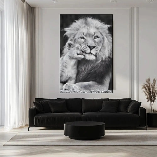 Portrait en noir et blanc d'un lion et son lionceau, tendresse animale, ambiance sereine pour salon ou bureau.