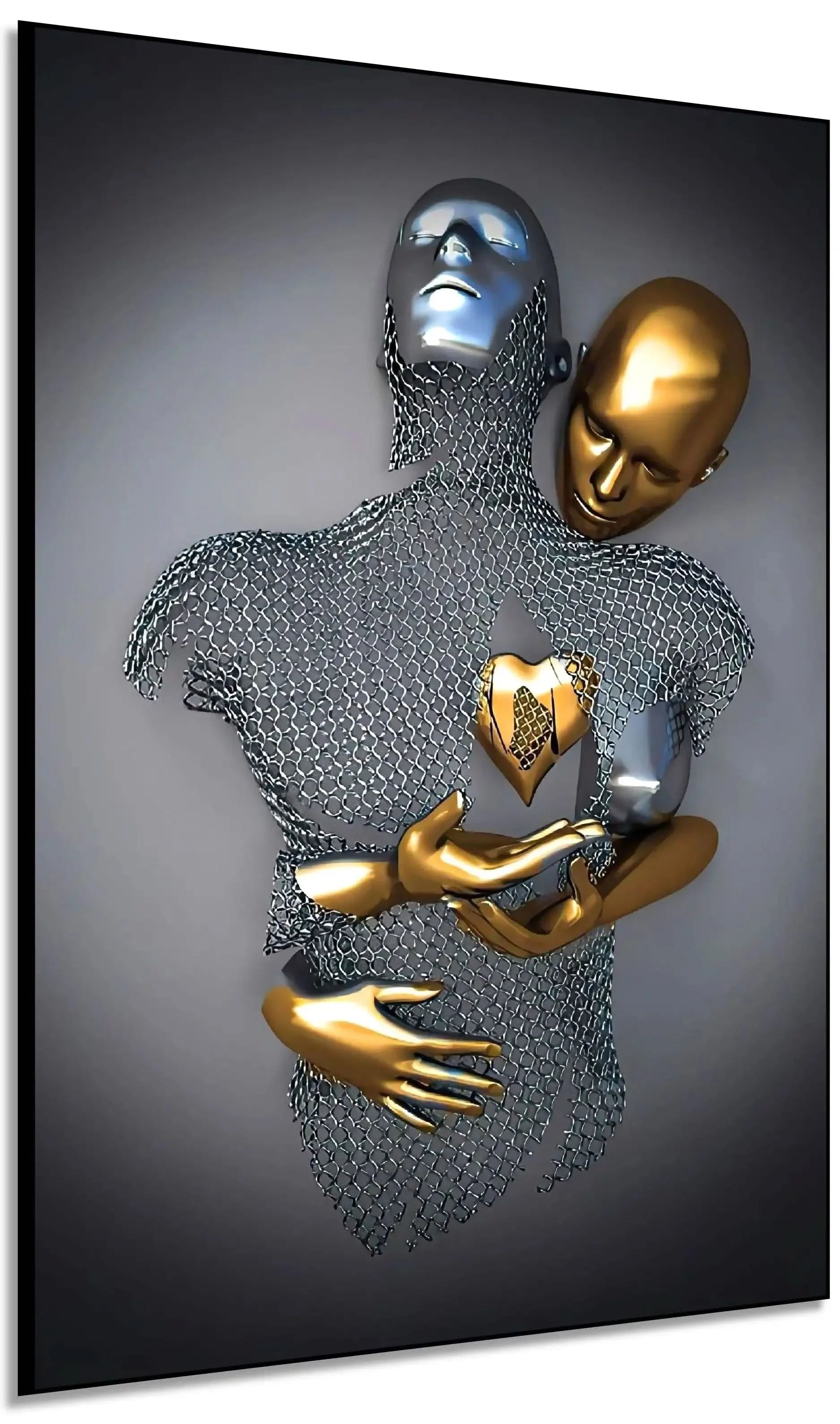 Silhouette maillée enlacée à un partenaire doré tenant un cœur; argent et or se mêlent dans une toile abstraite luxueuse.