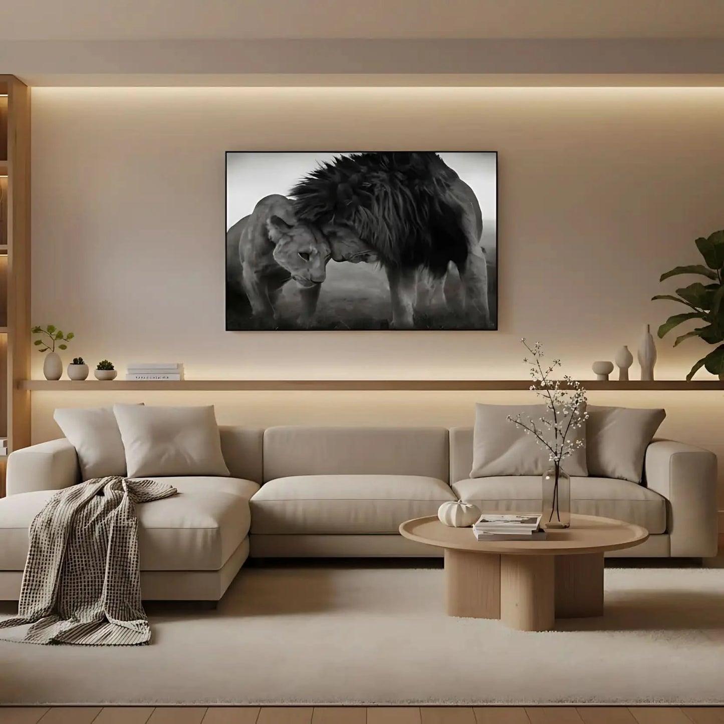 Lion et lionne en noir et blanc, moment de tendresse, ambiance sereine pour salon ou bureau.