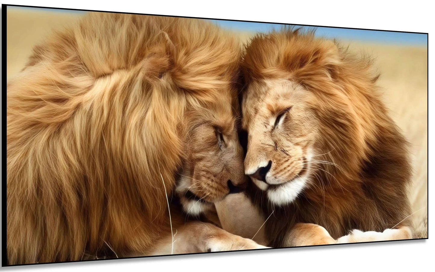 Deux lions aux crinières dorées, tête contre tête, évoquant tendresse et sérénité, idéal pour salon ou chambre.