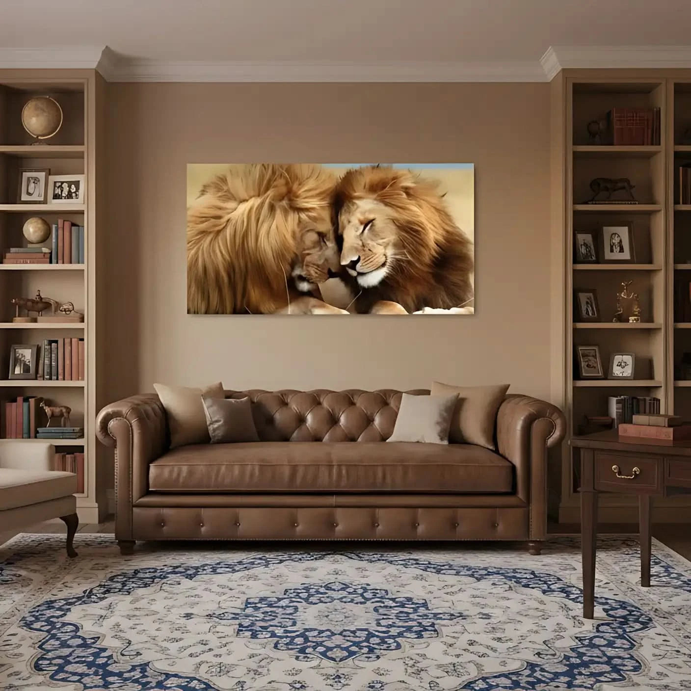 Deux lions aux crinières dorées, tête contre tête, évoquant tendresse et sérénité, idéal pour salon ou chambre.