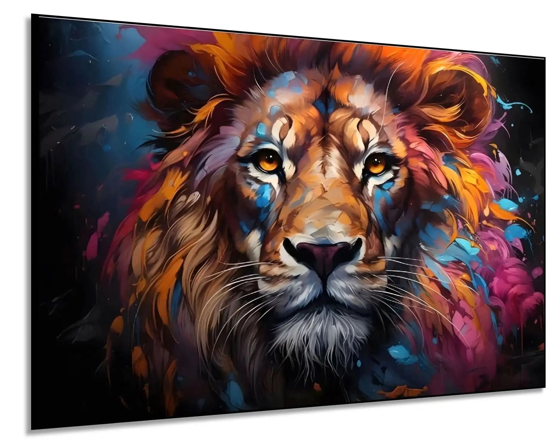 Tableau vibrant d'un lion avec crinière multicolore, bleu, orange et rose, idéal pour salon moderne ou bureau.